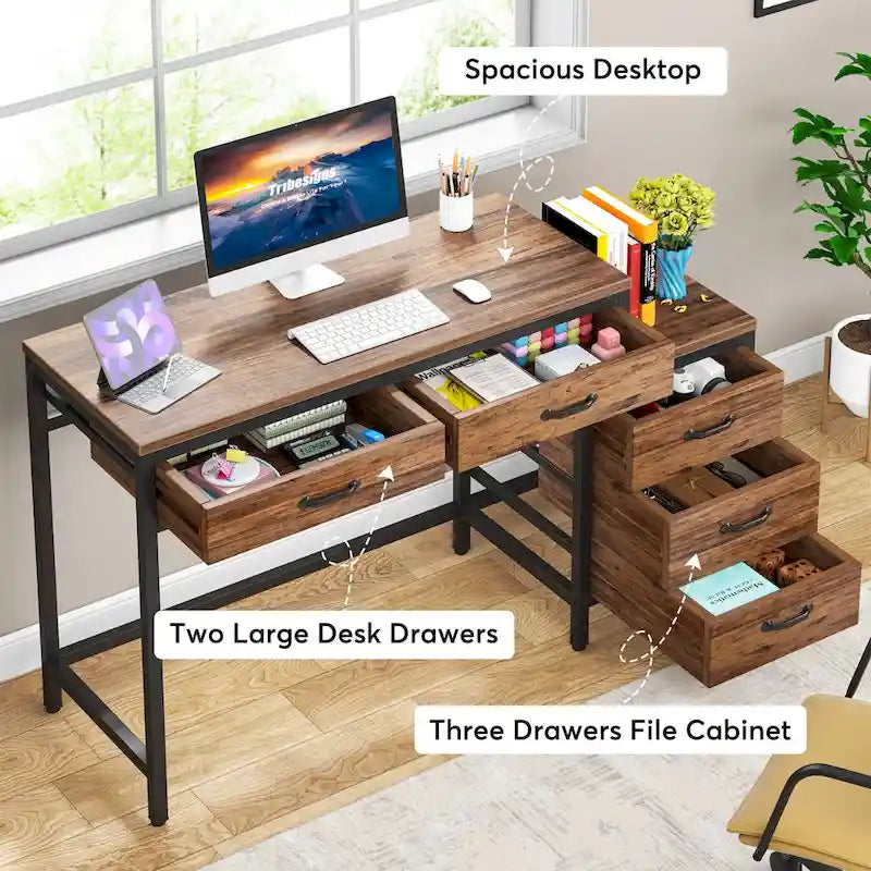 Bureau d'ordinateur avec 2 tiroirs et caisson de classement réversible à 3 tiroirs – Marron rustique / Gris / Blanc / Noyer clair / Gris et blanc / Noir – 1 personne