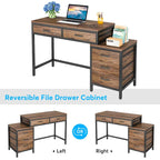 Bureau d'ordinateur avec 2 tiroirs et caisson de classement réversible à 3 tiroirs – Marron rustique / Gris / Blanc / Noyer clair / Gris et blanc / Noir – 1 personne