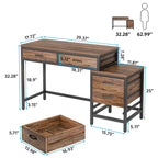 Bureau d'ordinateur avec 2 tiroirs et caisson de classement réversible à 3 tiroirs – Marron rustique / Gris / Blanc / Noyer clair / Gris et blanc / Noir – 1 personne