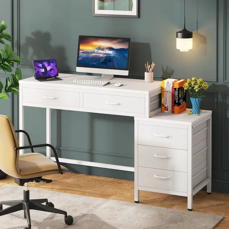 Bureau d'ordinateur avec 2 tiroirs et caisson de classement réversible à 3 tiroirs – Marron rustique / Gris / Blanc / Noyer clair / Gris et blanc / Noir – 1 personne