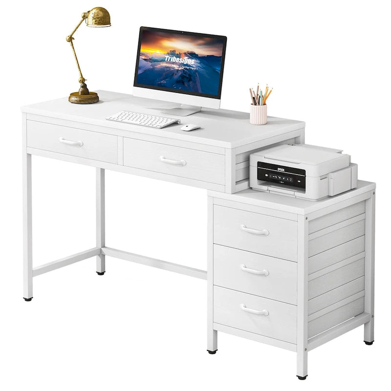 Bureau d'ordinateur avec 2 tiroirs et caisson de classement réversible à 3 tiroirs – Marron rustique / Gris / Blanc / Noyer clair / Gris et blanc / Noir – 1 personne