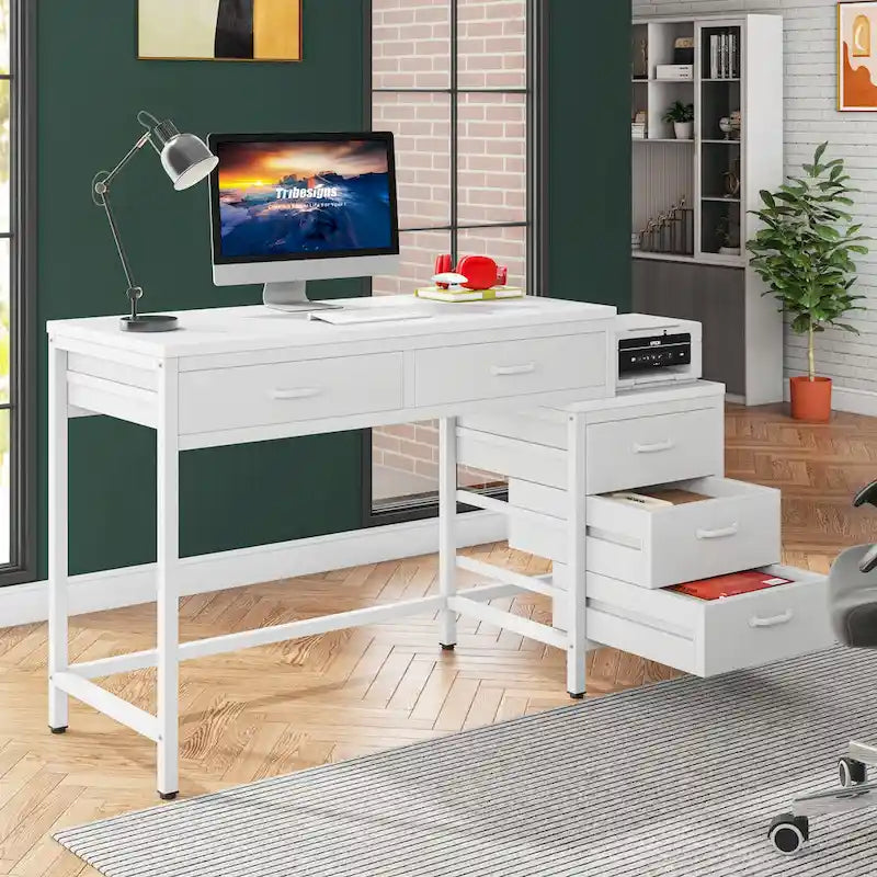 Bureau d'ordinateur avec 2 tiroirs et caisson de classement réversible à 3 tiroirs – Marron rustique / Gris / Blanc / Noyer clair / Gris et blanc / Noir – 1 personne