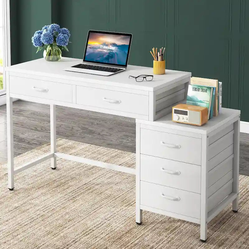 Bureau d'ordinateur avec 2 tiroirs et caisson de classement réversible à 3 tiroirs – Marron rustique / Gris / Blanc / Noyer clair / Gris et blanc / Noir – 1 personne