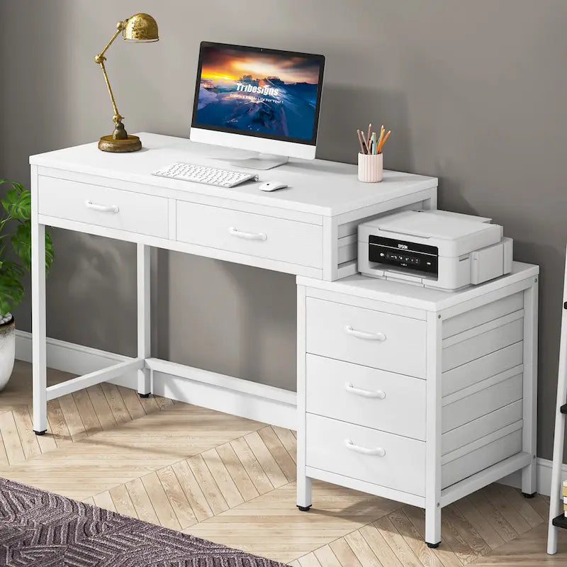 Bureau d'ordinateur avec 2 tiroirs et caisson de classement réversible à 3 tiroirs – Marron rustique / Gris / Blanc / Noyer clair / Gris et blanc / Noir – 1 personne