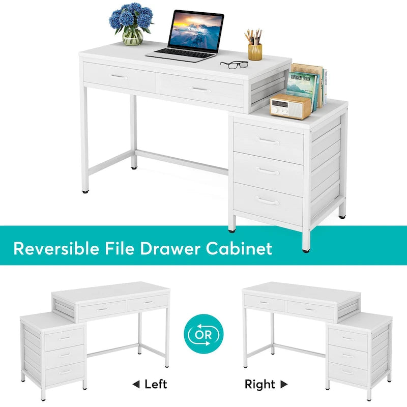 Bureau d'ordinateur avec 2 tiroirs et caisson de classement réversible à 3 tiroirs – Marron rustique / Gris / Blanc / Noyer clair / Gris et blanc / Noir – 1 personne