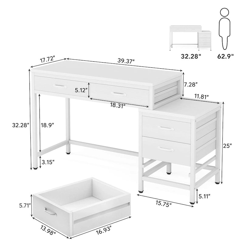 Bureau d'ordinateur avec 2 tiroirs et caisson de classement réversible à 3 tiroirs – Marron rustique / Gris / Blanc / Noyer clair / Gris et blanc / Noir – 1 personne