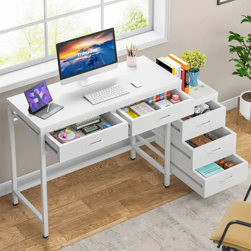 Bureau d'ordinateur avec 2 tiroirs et caisson de classement réversible à 3 tiroirs – Marron rustique / Gris / Blanc / Noyer clair / Gris et blanc / Noir – 1 personne