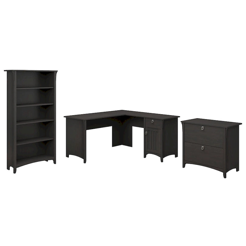 Bureau d'angle en L avec classeur latéral et bibliothèque – Noir vintage – 1 personne