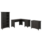 Bureau d'angle en L avec classeur latéral et bibliothèque – Noir vintage – 1 personne