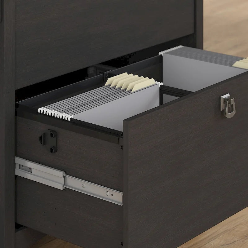 Bureau d'angle en L avec classeur latéral et bibliothèque – Noir vintage – 1 personne