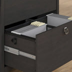 Bureau d'angle en L avec classeur latéral et bibliothèque – Noir vintage – 1 personne
