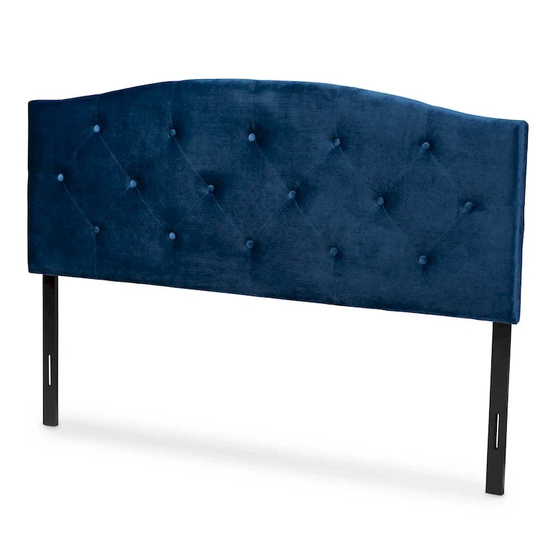 Arched Velvet Button-Tufted Headboard with Adjustable Legs – Navy Blue / Dark Brown – Full / Queen / King