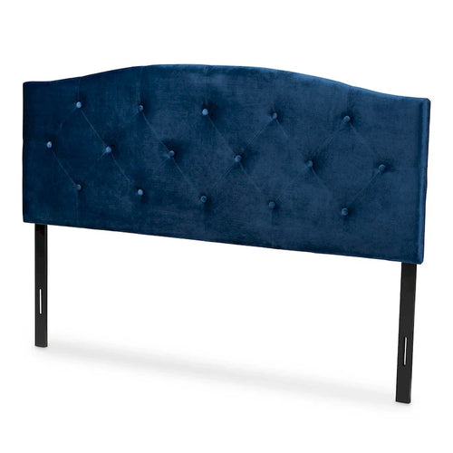 Tête de lit capitonnée en velours cintré avec pieds réglables – Bleu marine / Marron foncé – Lit double / Queen / King