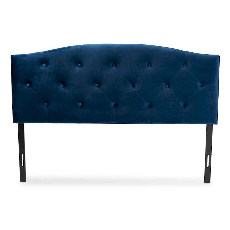 Arched Velvet Button-Tufted Headboard with Adjustable Legs – Navy Blue / Dark Brown – Full / Queen / King