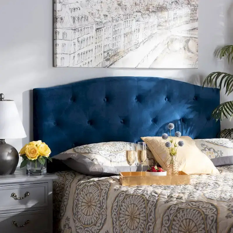 Arched Velvet Button-Tufted Headboard with Adjustable Legs – Navy Blue / Dark Brown – Full / Queen / King