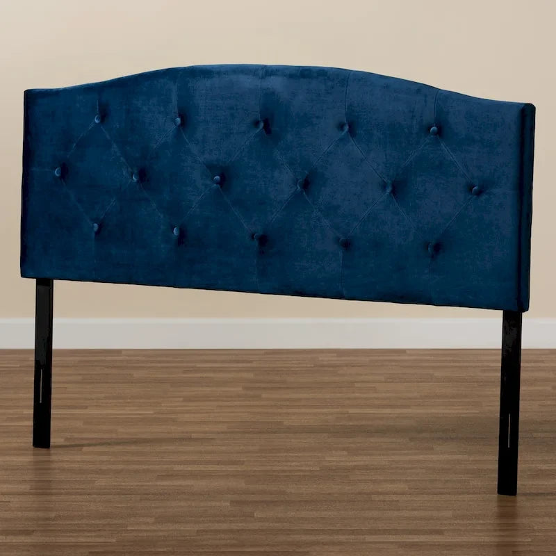 Tête de lit capitonnée en velours cintré avec pieds réglables – Bleu marine / Marron foncé – Lit double / Queen / King