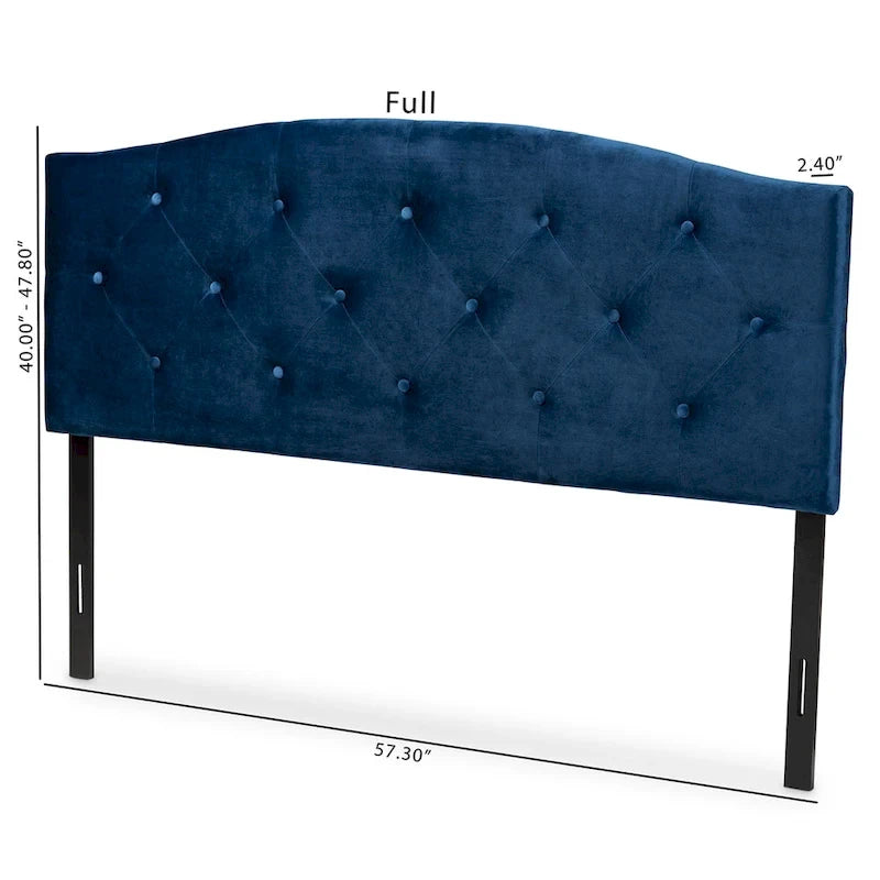Tête de lit capitonnée en velours cintré avec pieds réglables – Bleu marine / Marron foncé – Lit double / Queen / King