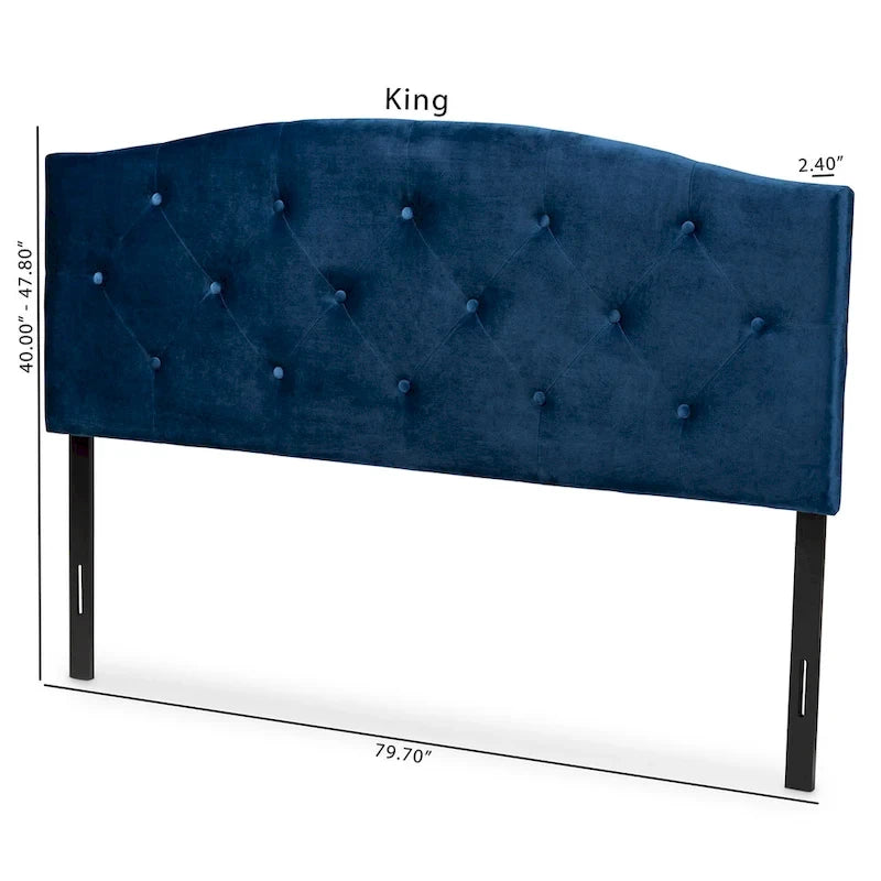 Tête de lit capitonnée en velours cintré avec pieds réglables – Bleu marine / Marron foncé – Lit double / Queen / King