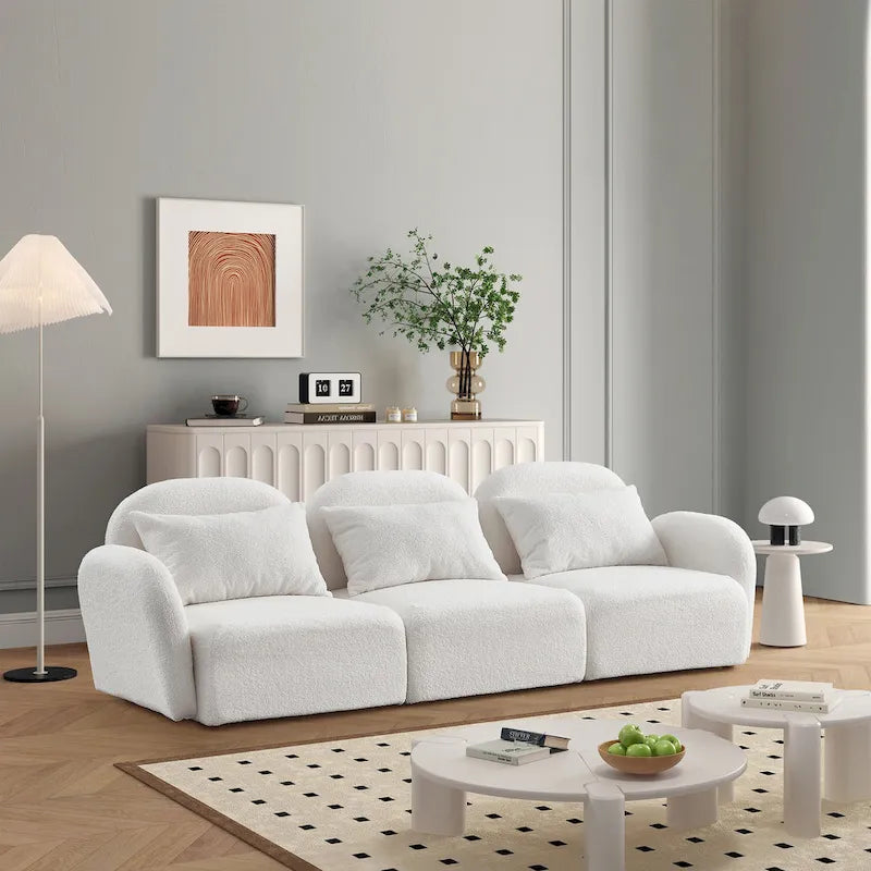 Teddy Velvet 3-Seater Sofa with Curved Armrests – White – 3-Seater
