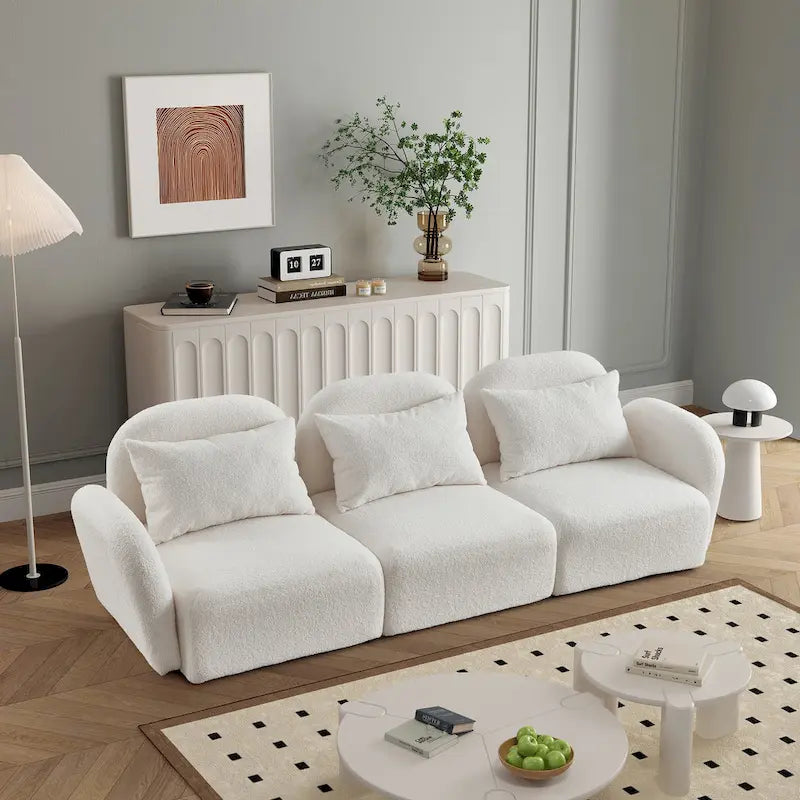 Teddy Velvet 3-Seater Sofa with Curved Armrests – White – 3-Seater
