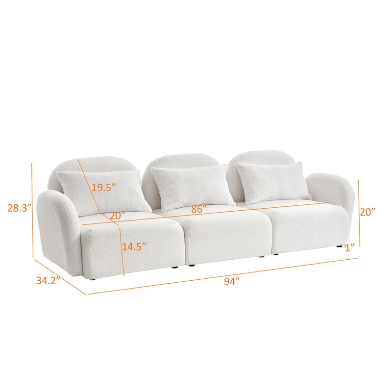 Canapé 3 places Teddy Velours avec accoudoirs incurvés – Blanc – 3 places