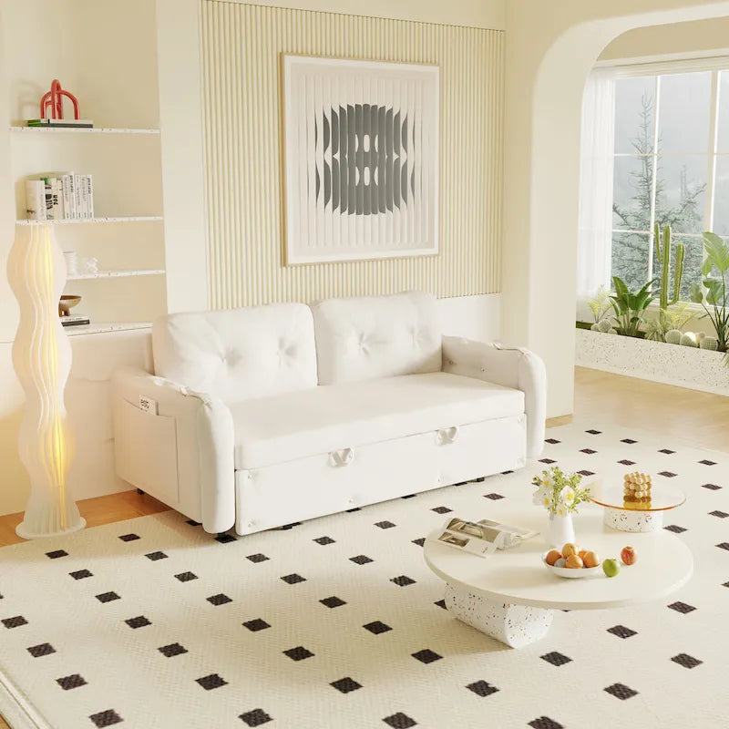 Queen Pull Out Sofa Bed with Hydraulic System & Storage – Velvet Tufted – 2-Seater / Queen Bed