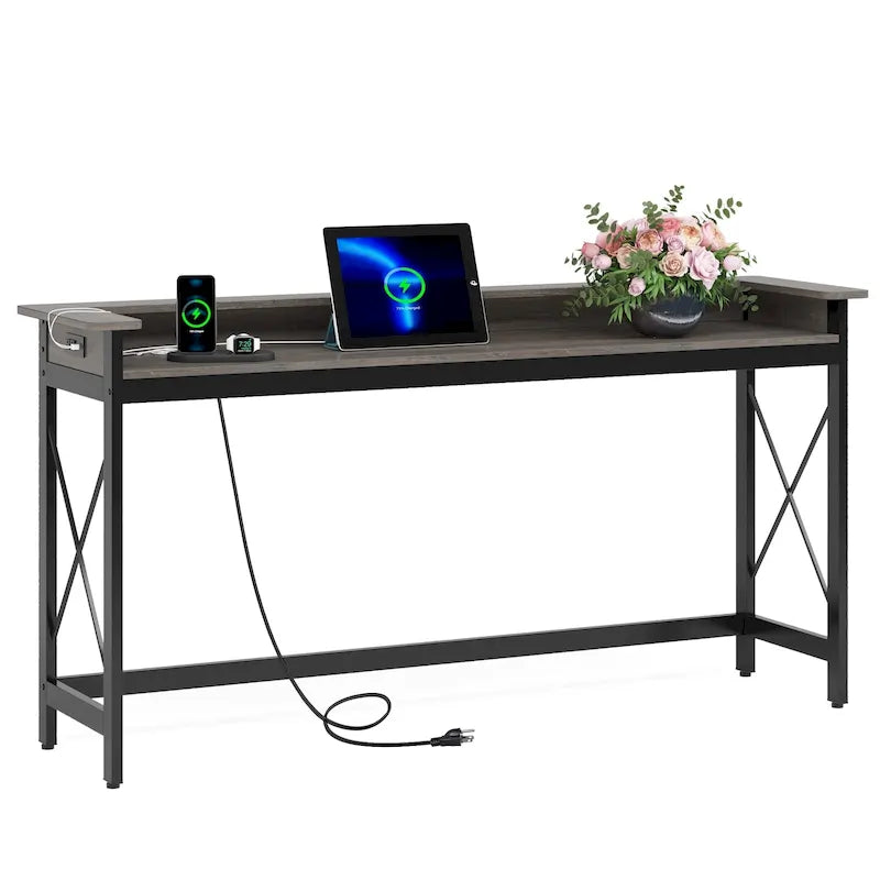Console étroite industrielle avec prises électriques et ports USB – Marron / Gris