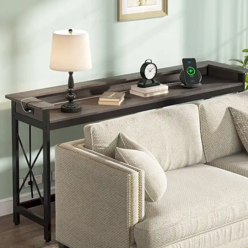 Console étroite industrielle avec prises électriques et ports USB – Marron / Gris