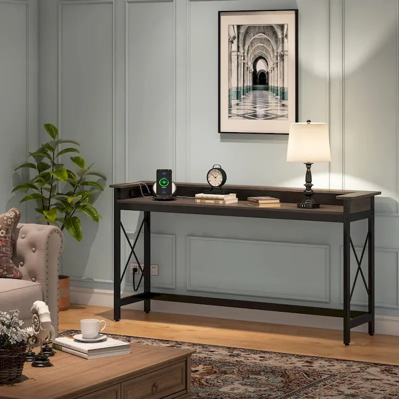 Console étroite industrielle avec prises électriques et ports USB – Marron / Gris
