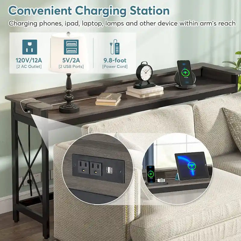 Console étroite industrielle avec prises électriques et ports USB – Marron / Gris