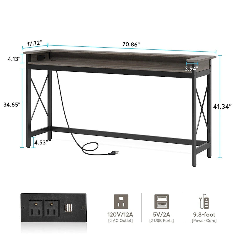 Console étroite industrielle avec prises électriques et ports USB – Marron / Gris