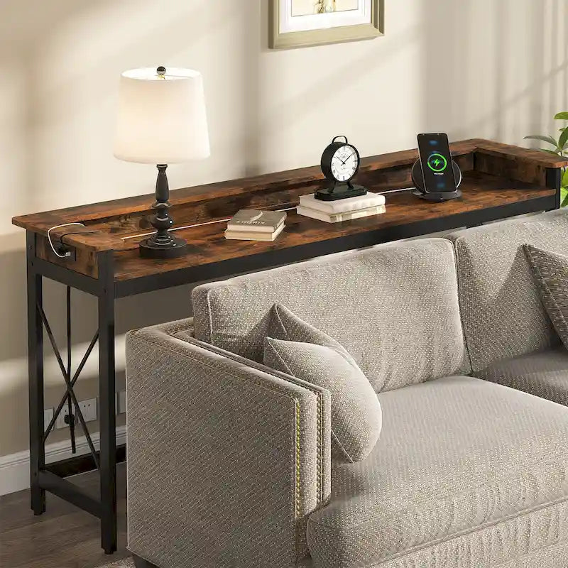 Console étroite industrielle avec prises électriques et ports USB – Marron / Gris