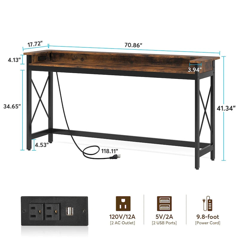 Console étroite industrielle avec prises électriques et ports USB – Marron / Gris