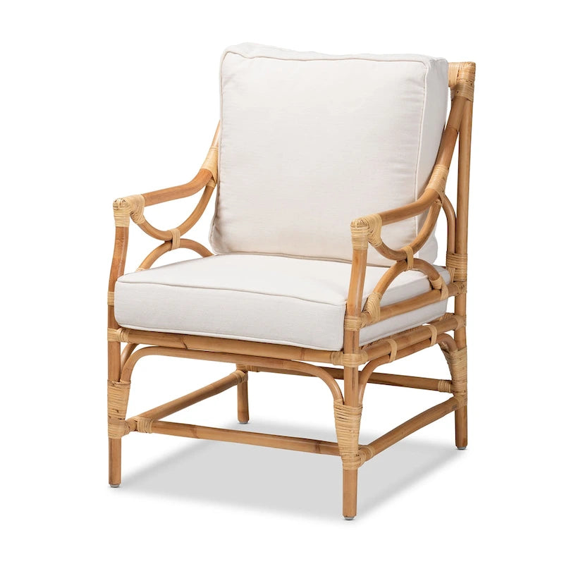 Bohemian Upholstered Rattan Armchair – White & Natural Brown – 1-Seater