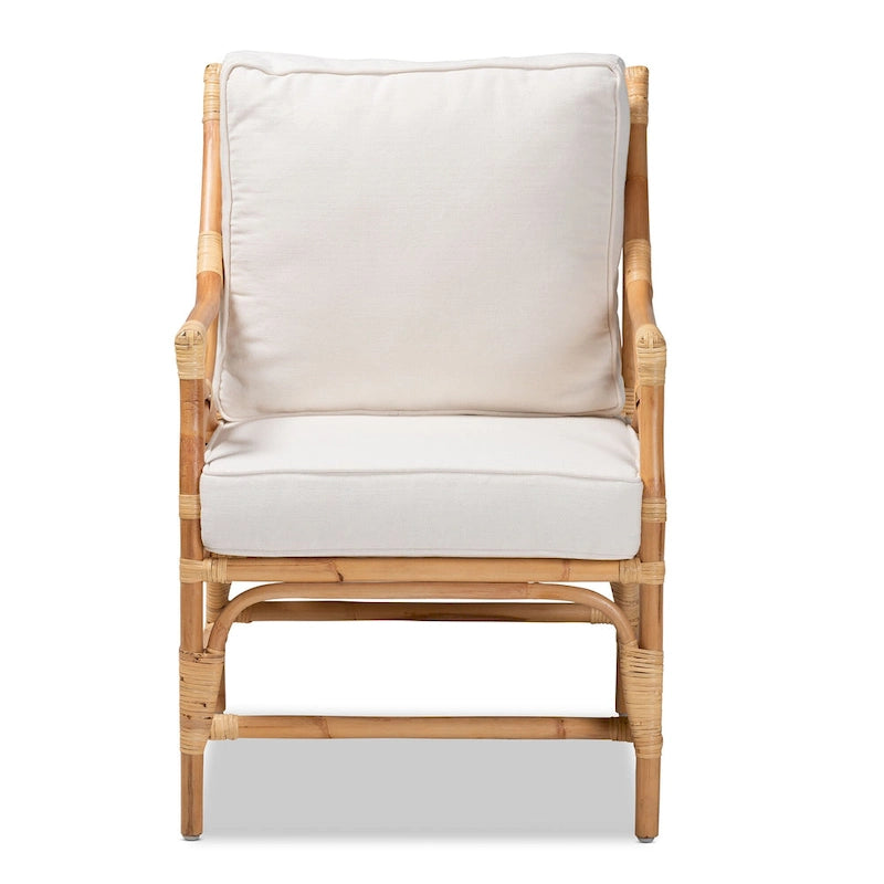 Bohemian Upholstered Rattan Armchair – White & Natural Brown – 1-Seater