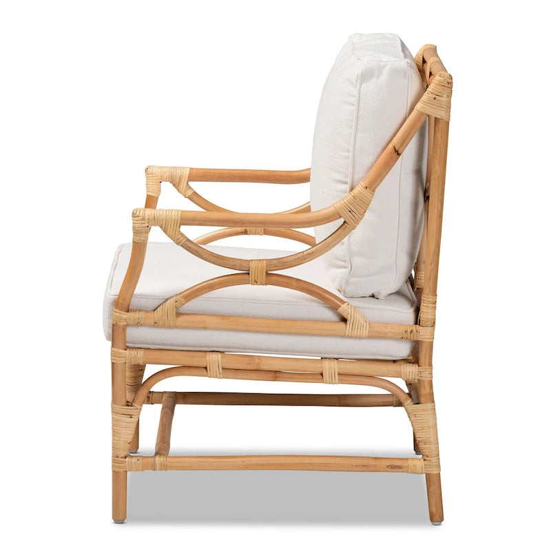 Bohemian Upholstered Rattan Armchair – White & Natural Brown – 1-Seater
