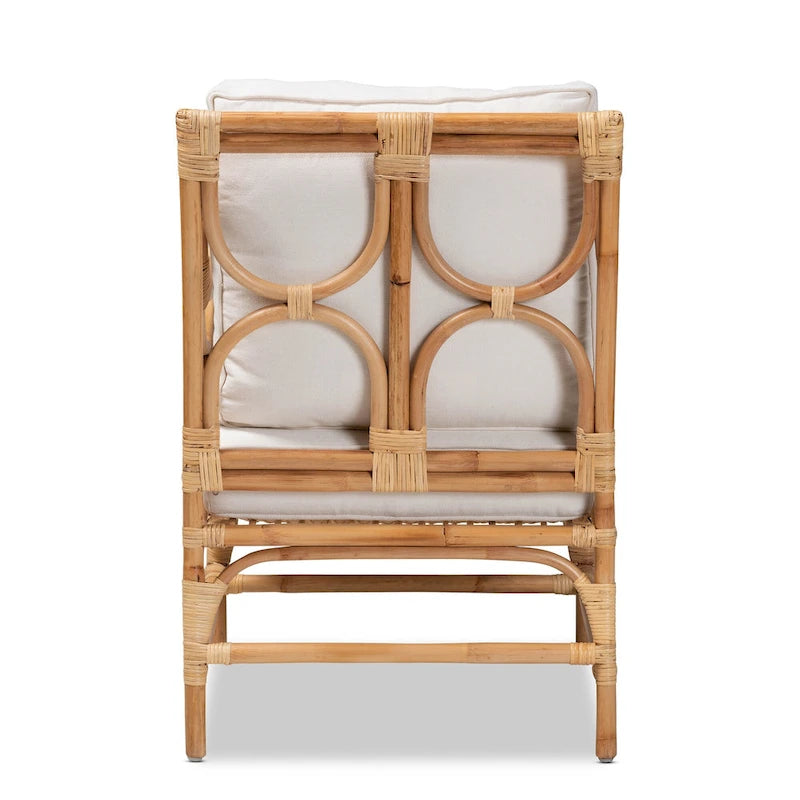 Bohemian Upholstered Rattan Armchair – White & Natural Brown – 1-Seater