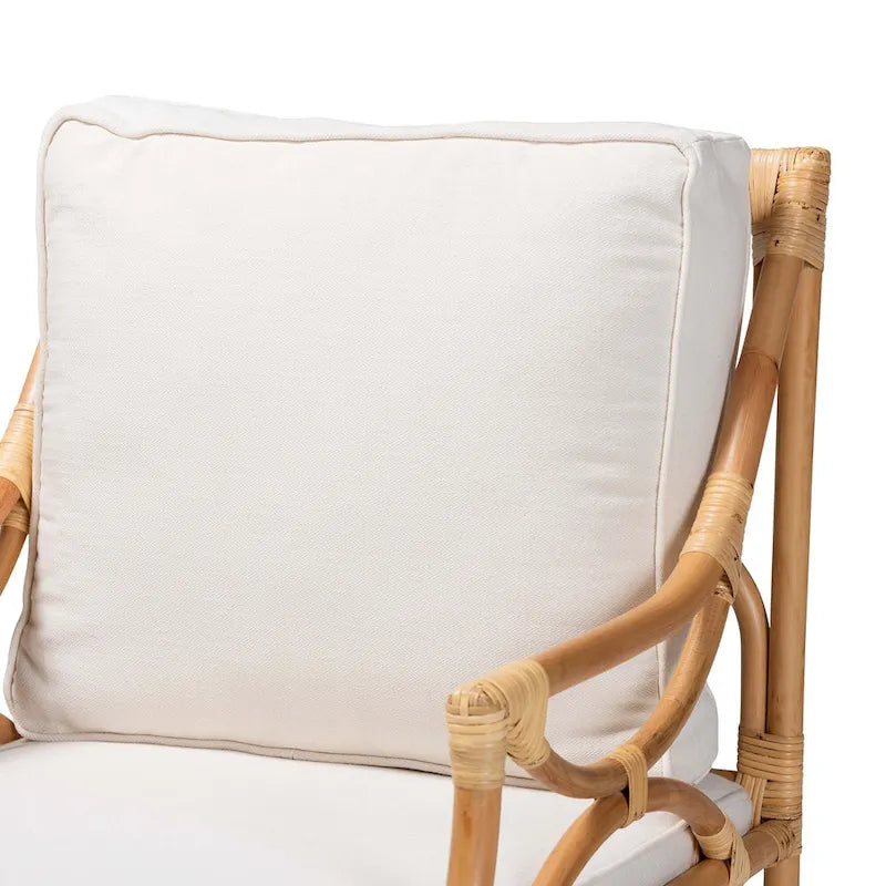 Fauteuil en rotin rembourré de style bohème – Blanc et brun naturel – 1 place