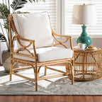 Fauteuil en rotin rembourré de style bohème – Blanc et brun naturel – 1 place