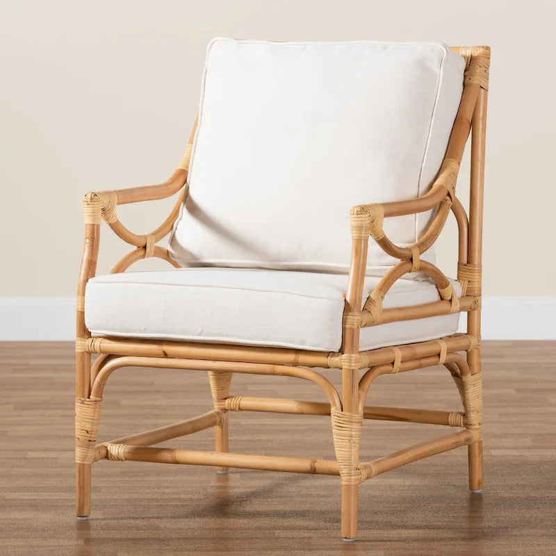 Fauteuil en rotin rembourré de style bohème – Blanc et brun naturel – 1 place