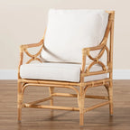 Fauteuil en rotin rembourré de style bohème – Blanc et brun naturel – 1 place