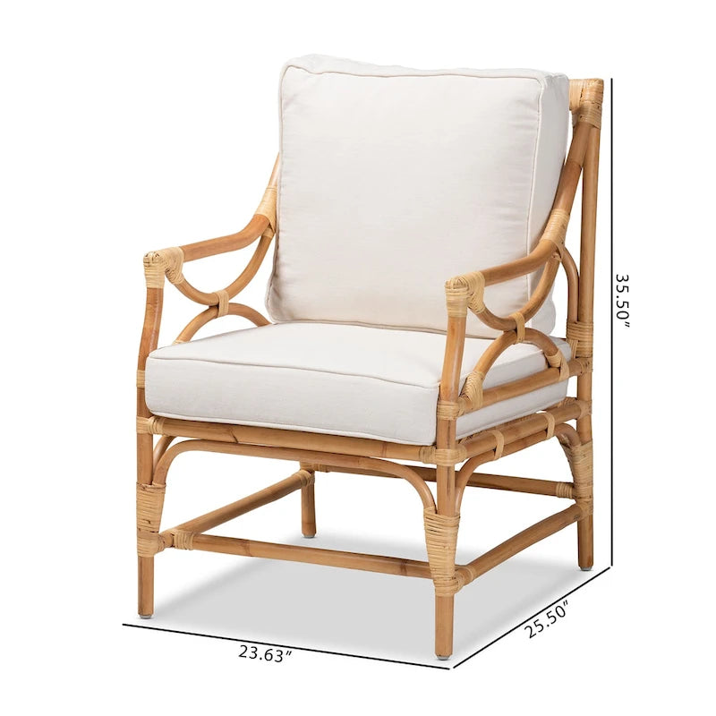 Fauteuil en rotin rembourré de style bohème – Blanc et brun naturel – 1 place