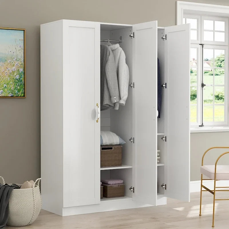 Wardrobe Armoire with Hanging Rod, 3 Shelves & Gold Handles – White