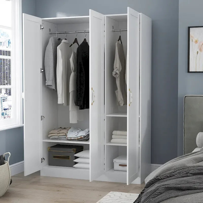 Wardrobe Armoire with Hanging Rod, 3 Shelves & Gold Handles – White