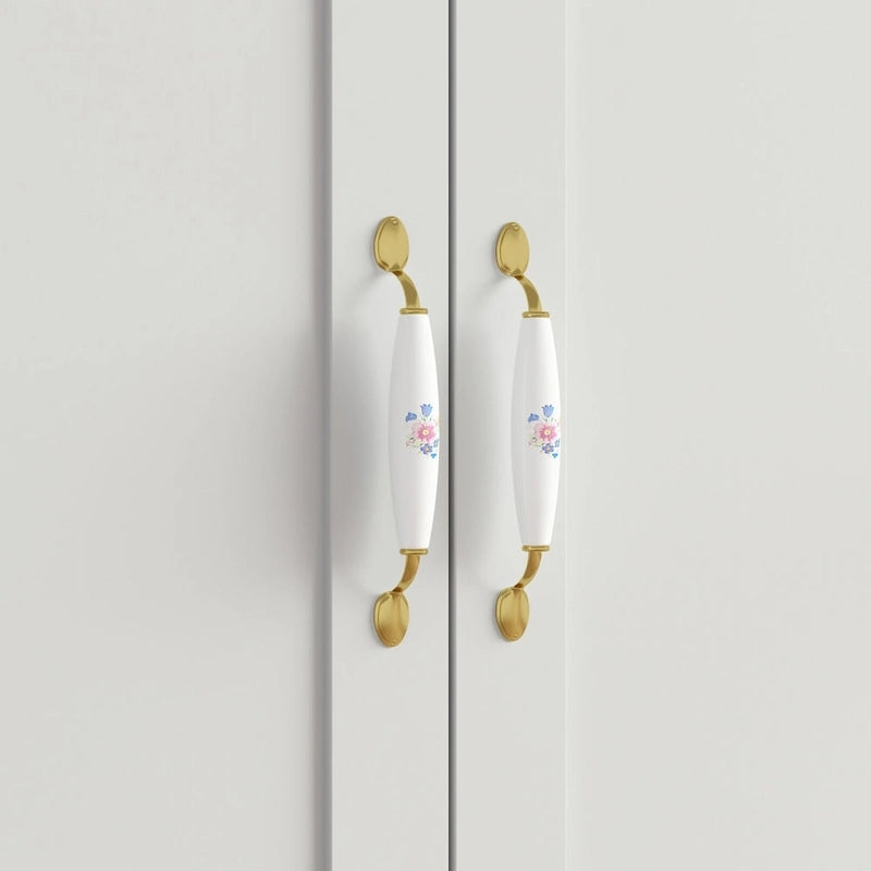 Wardrobe Armoire with Hanging Rod, 3 Shelves & Gold Handles – White