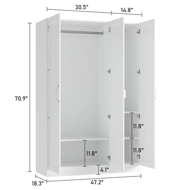 Armoire de chambre avec penderie, 3 étagères et poignées dorées – Blanche