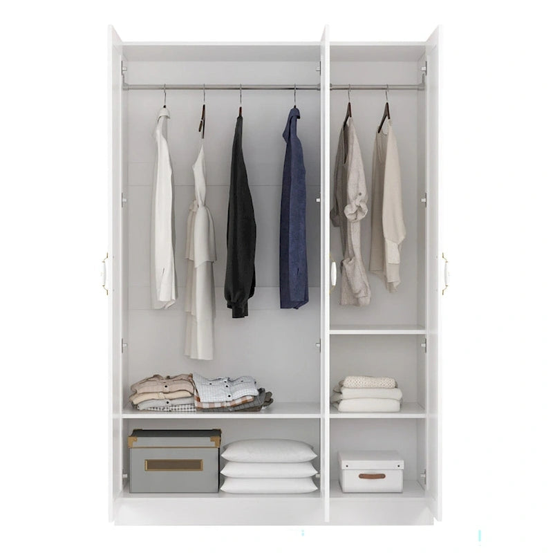 Armoire de chambre avec penderie, 3 étagères et poignées dorées – Blanche