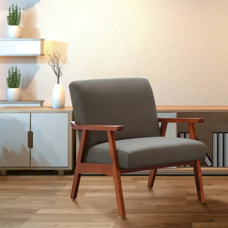 Fauteuil moderne du milieu du siècle avec pieds inclinés et accoudoirs en bois – Loutre / Azur / Mer / Anthracite / Lin – 1 place