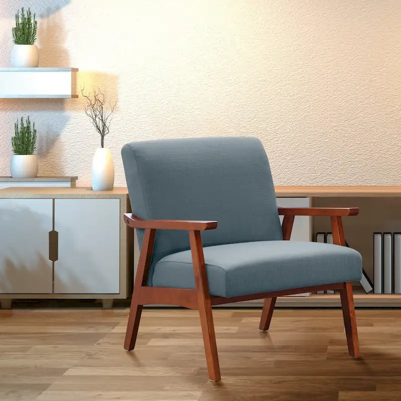 Fauteuil moderne du milieu du siècle avec pieds inclinés et accoudoirs en bois – Loutre / Azur / Mer / Anthracite / Lin – 1 place