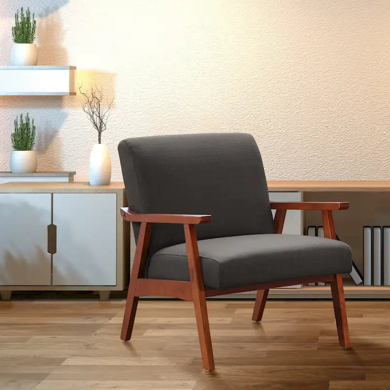 Fauteuil moderne du milieu du siècle avec pieds inclinés et accoudoirs en bois – Loutre / Azur / Mer / Anthracite / Lin – 1 place
